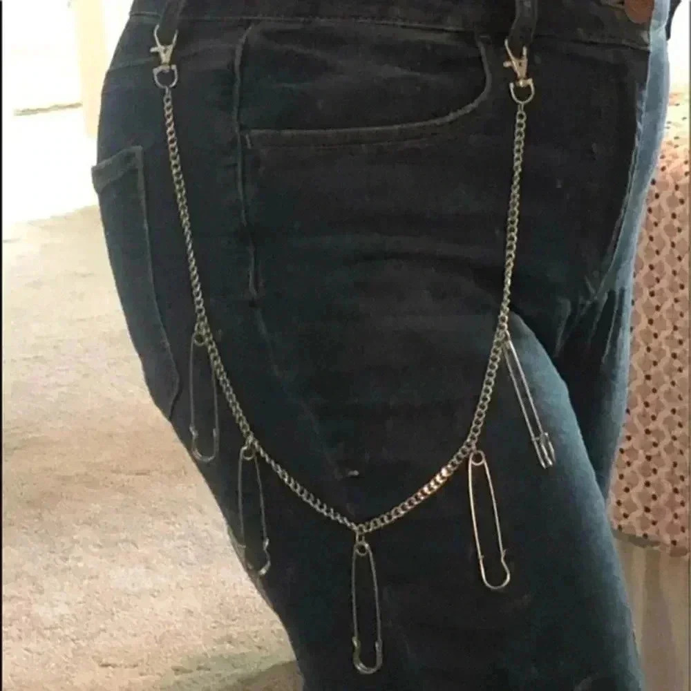 5 Oversized Safety Pins Chain Silver Tone Hip Jeans Pant Belt Loop Chain